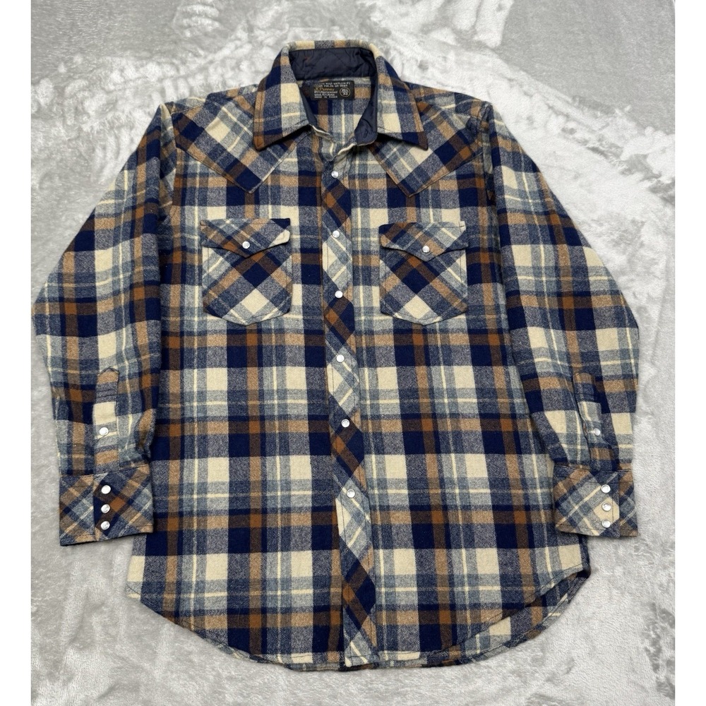 Vintage Jcpenny Pearl Snap Shirt Mens Large Blue Plaid Wool Western Flannel 70s